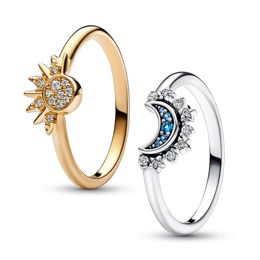 Celestial Blue Sparkling Moon And Sun Rings